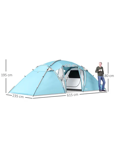 Outsunny 4-6 Man Family Camping Tent w/ 2 Bedrooms and a Living Room, Waterproof Tunnel Tent w/ Sewn In Groundsheet, Doors, Wind
