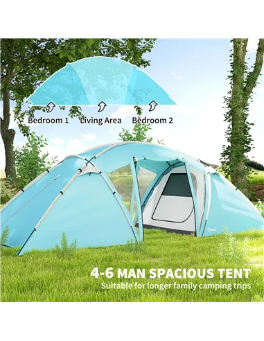 Outsunny 4-6 Man Family Camping Tent w/ 2 Bedrooms and a Living Room, Waterproof Tunnel Tent w/ Sewn In Groundsheet, Doors, Wind