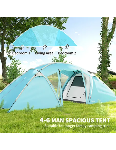 Outsunny 4-6 Man Family Camping Tent w/ 2 Bedrooms and a Living Room, Waterproof Tunnel Tent w/ Sewn In Groundsheet, Doors, Wind