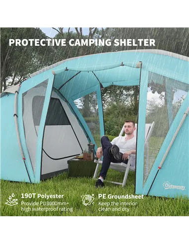 Outsunny 4-6 Man Family Camping Tent w/ 2 Bedrooms and a Living Room, Waterproof Tunnel Tent w/ Sewn In Groundsheet, Doors, Wind