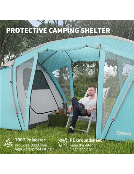 Outsunny 4-6 Man Family Camping Tent w/ 2 Bedrooms and a Living Room, Waterproof Tunnel Tent w/ Sewn In Groundsheet, Doors, Wind