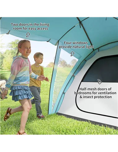 Outsunny 4-6 Man Family Camping Tent w/ 2 Bedrooms and a Living Room, Waterproof Tunnel Tent w/ Sewn In Groundsheet, Doors, Wind