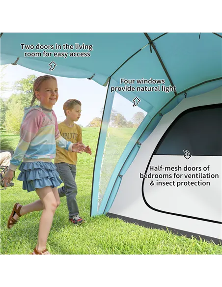 Outsunny 4-6 Man Family Camping Tent w/ 2 Bedrooms and a Living Room, Waterproof Tunnel Tent w/ Sewn In Groundsheet, Doors, Wind