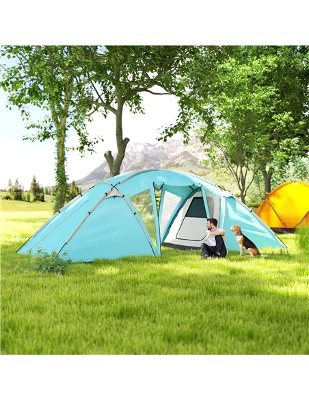 Outsunny 4-6 Man Family Camping Tent w/ 2 Bedrooms and a Living Room, Waterproof Tunnel Tent w/ Sewn In Groundsheet, Doors, Wind