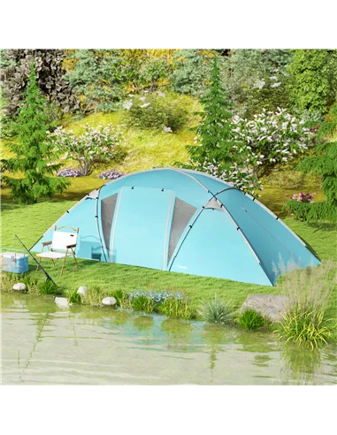 Outsunny 4-6 Man Family Camping Tent w/ 2 Bedrooms and a Living Room, Waterproof Tunnel Tent w/ Sewn In Groundsheet, Doors, Wind