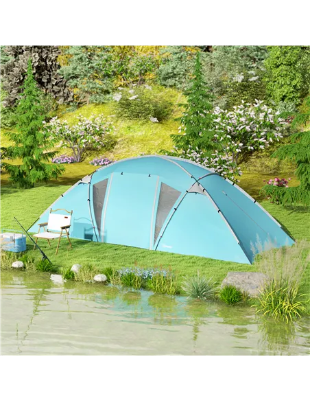 Outsunny 4-6 Man Family Camping Tent w/ 2 Bedrooms and a Living Room, Waterproof Tunnel Tent w/ Sewn In Groundsheet, Doors, Wind