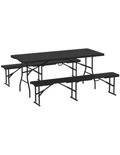 Outsunny Folding Picnic Table and Bench Set, Rattan Effect Portable Camping Table and Chairs with Carrying Handles for Indoor Ou