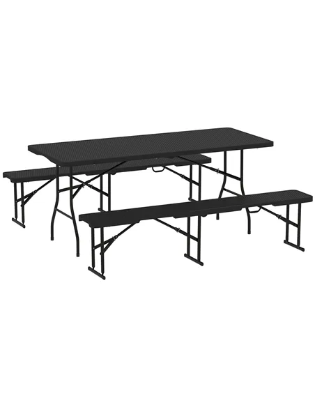 Outsunny Folding Picnic Table and Bench Set, Rattan Effect Portable Camping Table and Chairs with Carrying Handles for Indoor Ou