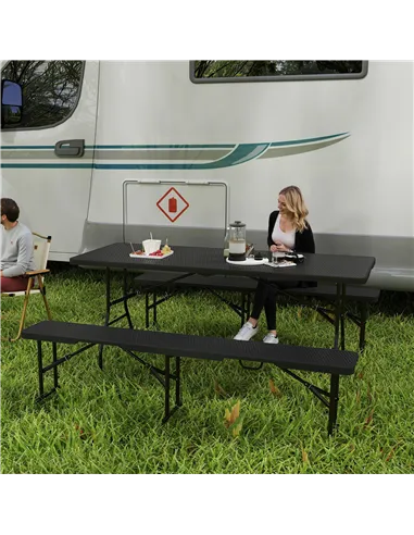 Outsunny Folding Picnic Table and Bench Set, Rattan Effect Portable Camping Table and Chairs with Carrying Handles for Indoor Ou