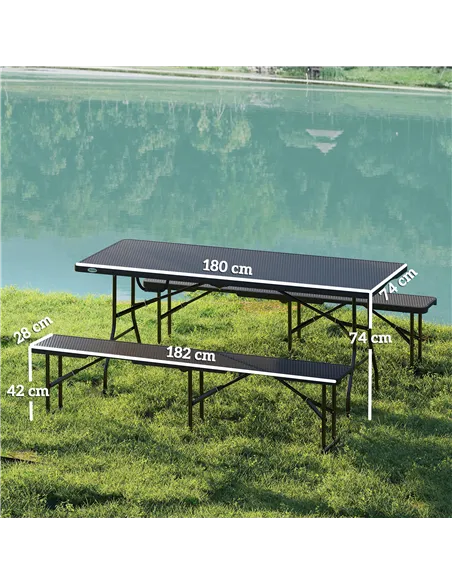 Outsunny Folding Picnic Table and Bench Set, Rattan Effect Portable Camping Table and Chairs with Carrying Handles for Indoor Ou