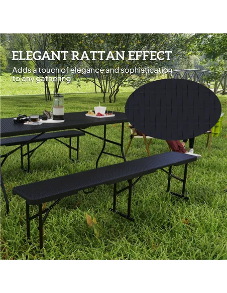 Outsunny Folding Picnic Table and Bench Set, Rattan Effect Portable Camping Table and Chairs with Carrying Handles for Indoor Ou