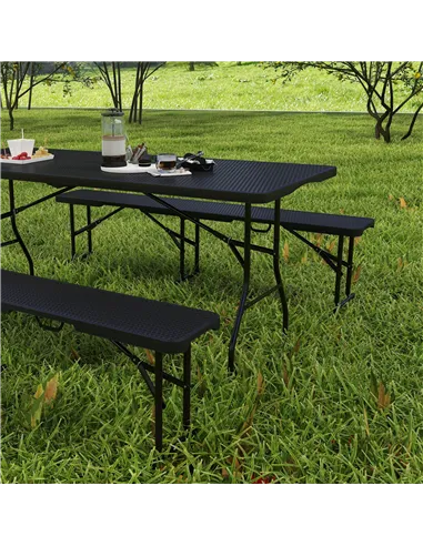 Outsunny Folding Picnic Table and Bench Set, Rattan Effect Portable Camping Table and Chairs with Carrying Handles for Indoor Ou