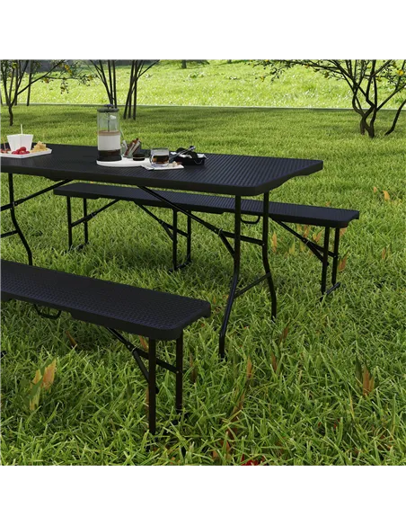 Outsunny Folding Picnic Table and Bench Set, Rattan Effect Portable Camping Table and Chairs with Carrying Handles for Indoor Ou