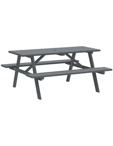 Outsunny 6 Seater Wooden Picnic Table Bench for Outdoor Garden or Patio with Parasol Cutout 150 cm Grey