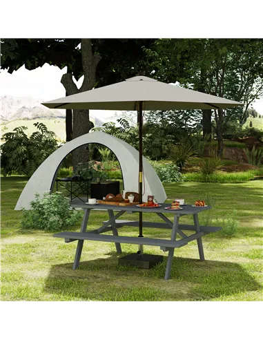 Outsunny 6 Seater Wooden Picnic Table Bench for Outdoor Garden or Patio with Parasol Cutout 150 cm Grey
