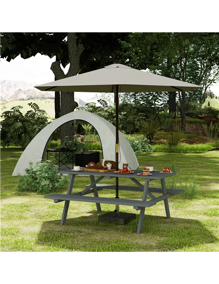 Outsunny 6 Seater Wooden Picnic Table Bench for Outdoor Garden or Patio with Parasol Cutout 150 cm Grey