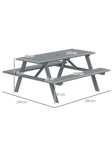 Outsunny 6 Seater Wooden Picnic Table Bench for Outdoor Garden or Patio with Parasol Cutout 150 cm Grey