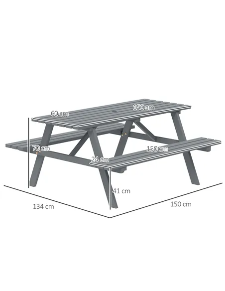 Outsunny 6 Seater Wooden Picnic Table Bench for Outdoor Garden or Patio with Parasol Cutout 150 cm Grey