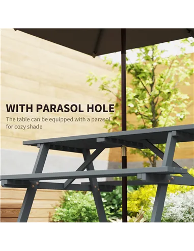 Outsunny 6 Seater Wooden Picnic Table Bench for Outdoor Garden or Patio with Parasol Cutout 150 cm Grey