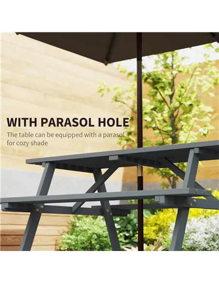 Outsunny 6 Seater Wooden Picnic Table Bench for Outdoor Garden or Patio with Parasol Cutout 150 cm Grey
