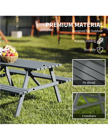 Outsunny 6 Seater Wooden Picnic Table Bench for Outdoor Garden or Patio with Parasol Cutout 150 cm Grey