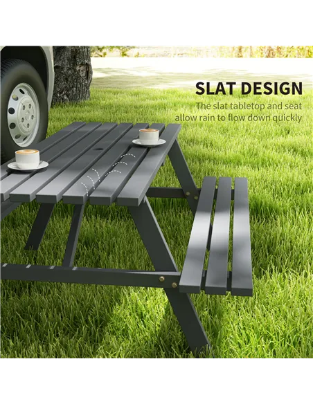 Outsunny 6 Seater Wooden Picnic Table Bench for Outdoor Garden or Patio with Parasol Cutout 150 cm Grey