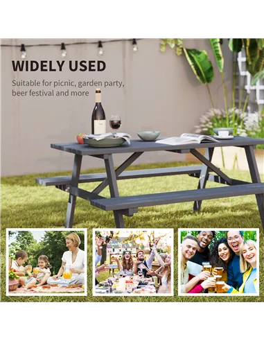 Outsunny 6 Seater Wooden Picnic Table Bench for Outdoor Garden or Patio with Parasol Cutout 150 cm Grey