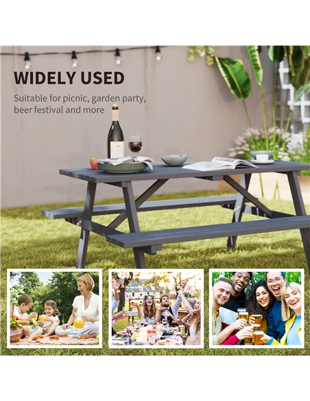 Outsunny 6 Seater Wooden Picnic Table Bench for Outdoor Garden or Patio with Parasol Cutout 150 cm Grey