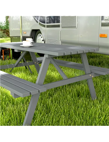 Outsunny 6 Seater Wooden Picnic Table Bench for Outdoor Garden or Patio with Parasol Cutout 150 cm Grey