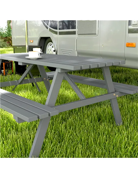 Outsunny 6 Seater Wooden Picnic Table Bench for Outdoor Garden or Patio with Parasol Cutout 150 cm Grey