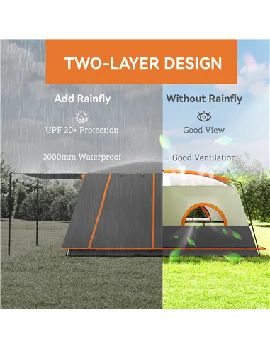 Outsunny 4-6 Man Camping Tent, Double Layer Tunnel Tent with Porch, Living Area and 2 Bedrooms, Sewn in Groundsheet, 3000mm Wate