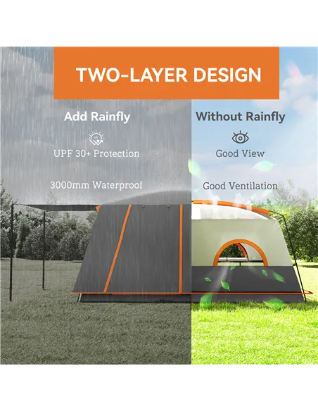 Outsunny 4-6 Man Camping Tent, Double Layer Tunnel Tent with Porch, Living Area and 2 Bedrooms, Sewn in Groundsheet, 3000mm Wate