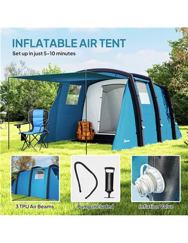 Outsunny Inflatable 3-4 Man Tunnel Tent w/ Air Pump, Living Area & Vestibule, Waterproof Family Camping Air Tent w/ Sewn In Grou