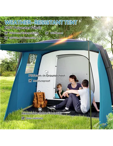 Outsunny Inflatable 3-4 Man Tunnel Tent w/ Air Pump, Living Area & Vestibule, Waterproof Family Camping Air Tent w/ Sewn In Grou