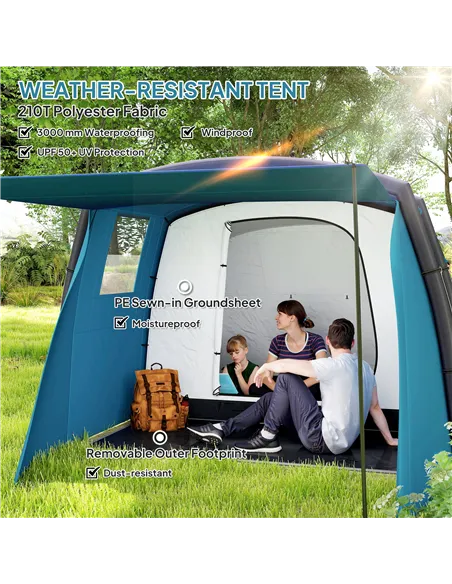 Outsunny Inflatable 3-4 Man Tunnel Tent w/ Air Pump, Living Area & Vestibule, Waterproof Family Camping Air Tent w/ Sewn In Grou