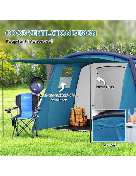Outsunny Inflatable 3-4 Man Tunnel Tent w/ Air Pump, Living Area & Vestibule, Waterproof Family Camping Air Tent w/ Sewn In Grou
