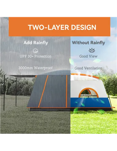 Outsunny 4-6 Man Camping Tent, Double Layer Tunnel Tent with Porch, Living Area and 2 Bedrooms, Sewn in Groundsheet, 3000mm Wate
