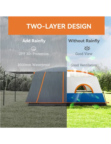 Outsunny 4-6 Man Camping Tent, Double Layer Tunnel Tent with Porch, Living Area and 2 Bedrooms, Sewn in Groundsheet, 3000mm Wate