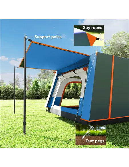 Outsunny 4-6 Man Camping Tent, Double Layer Tunnel Tent with Porch, Living Area and 2 Bedrooms, Sewn in Groundsheet, 3000mm Wate