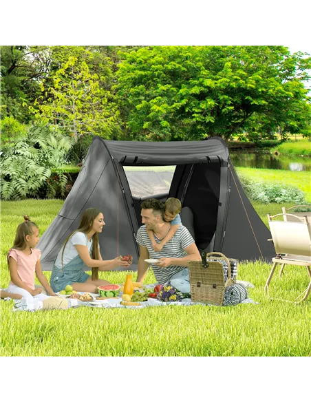 Outsunny 3 Man Camping Tent with Living Area and 2 Bedrooms, 3000mm Waterproof Family Tent with Sewn-in Groundsheet, Portable Do