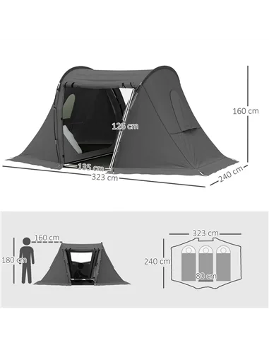 Outsunny 3 Man Camping Tent with Living Area and 2 Bedrooms, 3000mm Waterproof Family Tent with Sewn-in Groundsheet, Portable Do