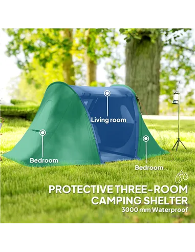 Outsunny 3 Man Camping Tent with Living Area and 2 Bedrooms, 3000mm Waterproof Family Tent with Sewn-in Groundsheet, Portable Do