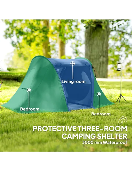 Outsunny 3 Man Camping Tent with Living Area and 2 Bedrooms, 3000mm Waterproof Family Tent with Sewn-in Groundsheet, Portable Do