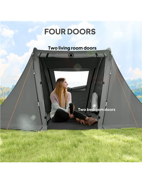 Outsunny 3 Man Camping Tent with Living Area and 2 Bedrooms, 3000mm Waterproof Family Tent with Sewn-in Groundsheet, Portable Do