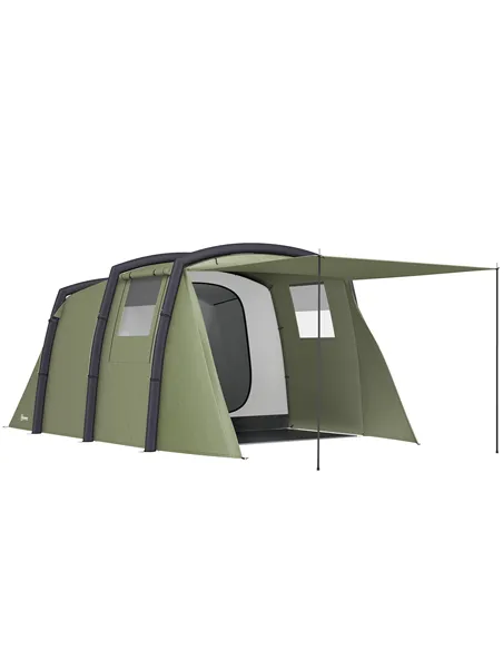 Outsunny Inflatable 3-4 Man Tunnel Tent w/ Air Pump, Living Area & Vestibule, Waterproof Family Camping Air Tent w/ Sewn In Grou