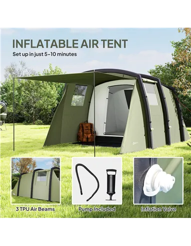 Outsunny Inflatable 3-4 Man Tunnel Tent w/ Air Pump, Living Area & Vestibule, Waterproof Family Camping Air Tent w/ Sewn In Grou
