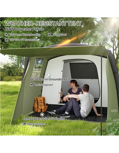 Outsunny Inflatable 3-4 Man Tunnel Tent w/ Air Pump, Living Area & Vestibule, Waterproof Family Camping Air Tent w/ Sewn In Grou