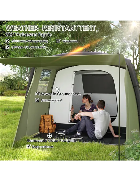 Outsunny Inflatable 3-4 Man Tunnel Tent w/ Air Pump, Living Area & Vestibule, Waterproof Family Camping Air Tent w/ Sewn In Grou