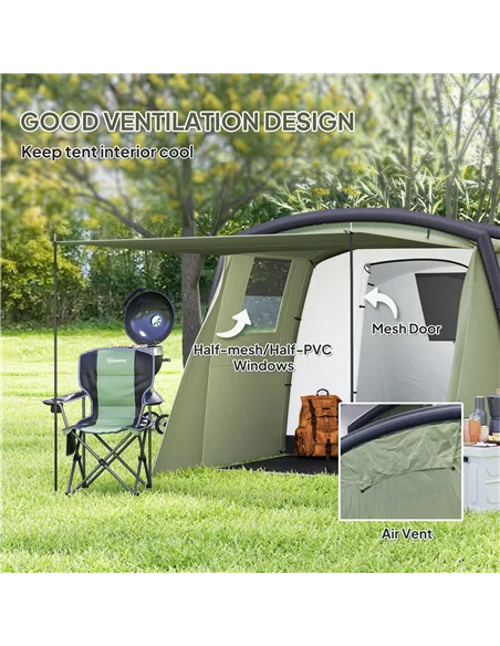 Outsunny Inflatable 3-4 Man Tunnel Tent w/ Air Pump, Living Area & Vestibule, Waterproof Family Camping Air Tent w/ Sewn In Grou