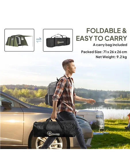 Outsunny Inflatable 3-4 Man Tunnel Tent w/ Air Pump, Living Area & Vestibule, Waterproof Family Camping Air Tent w/ Sewn In Grou